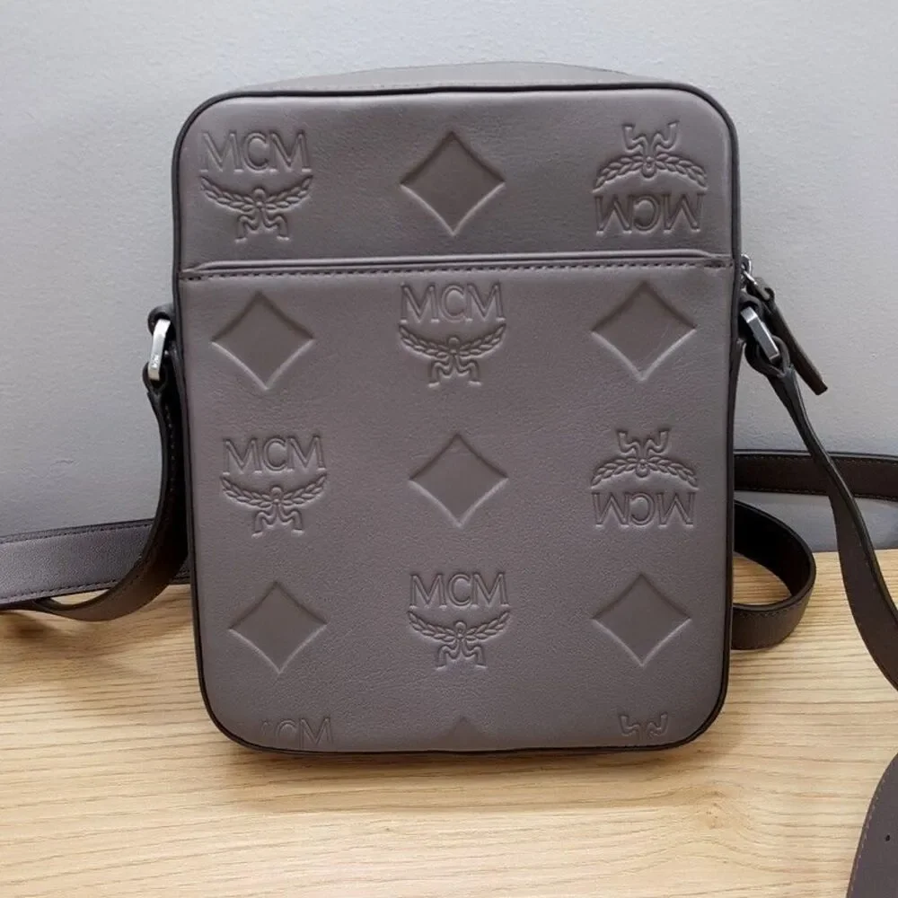 MCM Mini Klassik Taupe Tan Grey Leather Monogram Crossbody Bag $830 Authentic